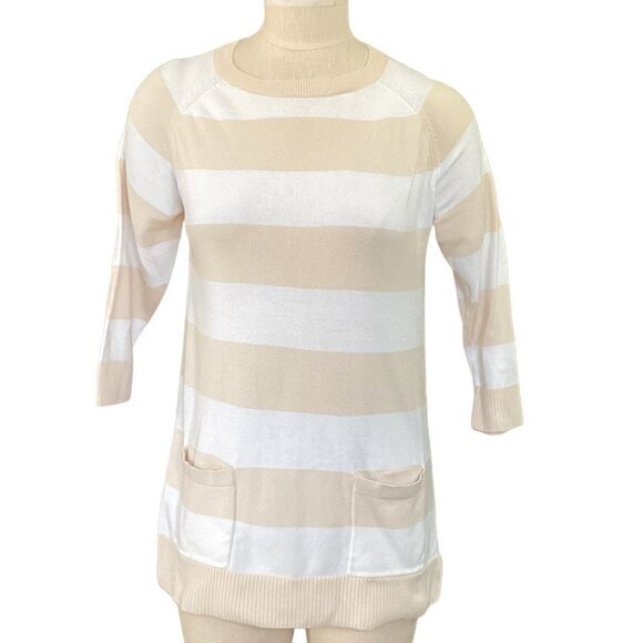 Jeanne Pierre Cotton Pocket Tunic Sweater Striped M Beige & White 92X - Picture 1 of 7